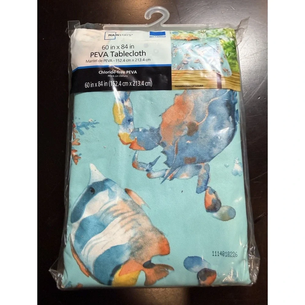 Mainstays Sea Life PEVA Tablecloth 60x84 Rectangle Crab Fish Coastal Ocean New